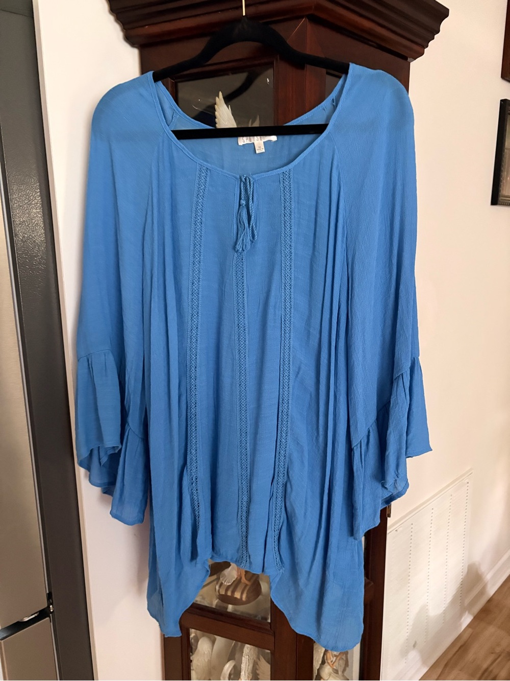 Spense Sky Blue Peasant Tunic with Tie Neck